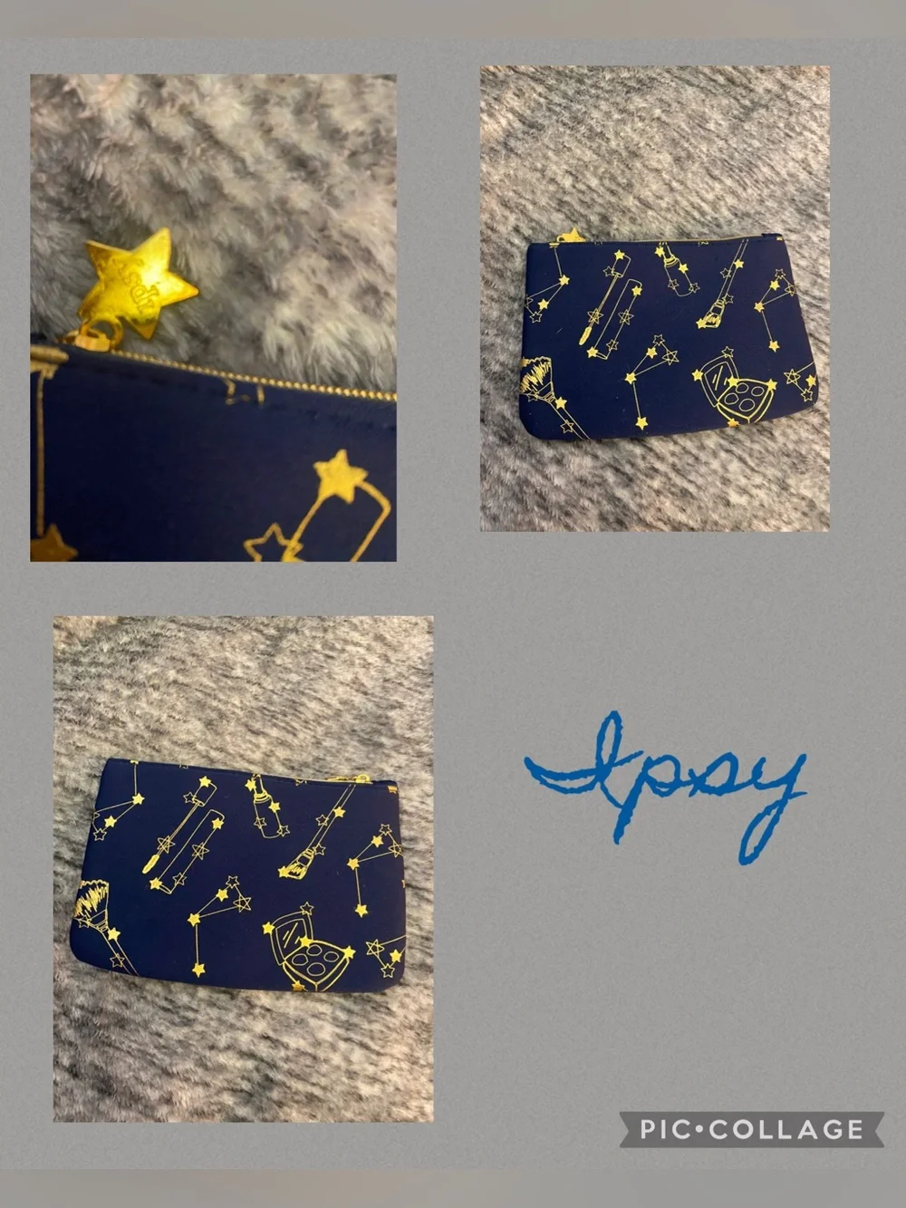 ipsy Blue and Gold Cosmetic Bag with Celestial makeup brush Pattern